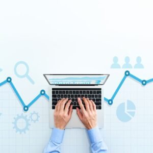 web analytics and digital marketing. top view of business man using laptop.