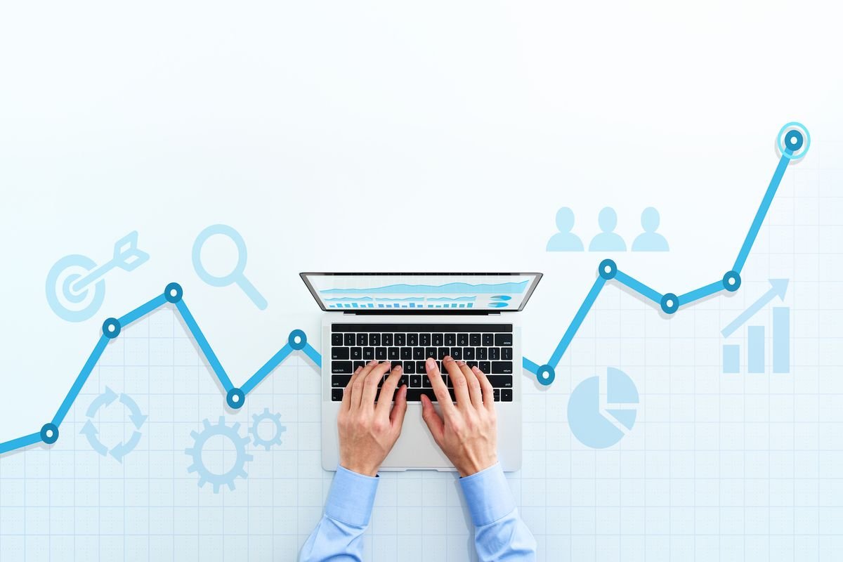 web analytics and digital marketing. top view of business man using laptop. web analytics and digital marketing. top view of business man using laptop.